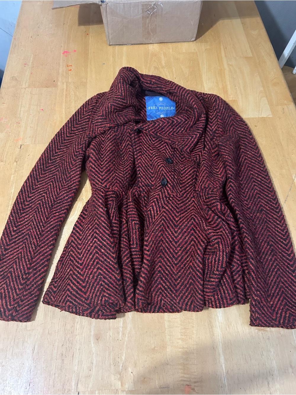 Free People Red Herringbone Peplum Peacoat